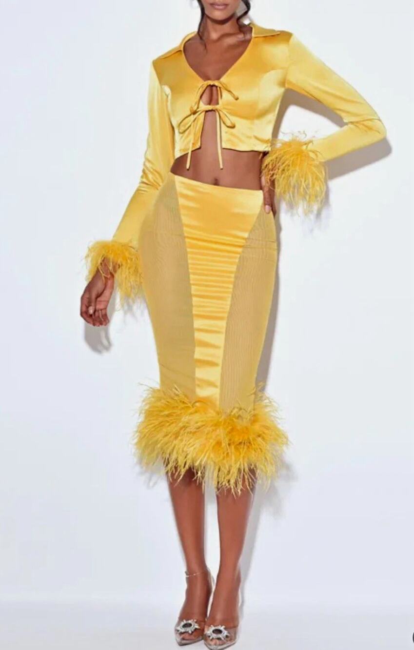 Miss Circle XS Yellow Satin 2pc Set Crop Tie Top Feather Trim Skirt